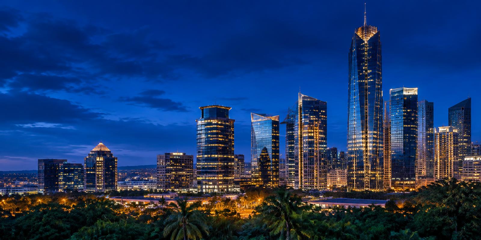 Illuminated city skyline at dusk